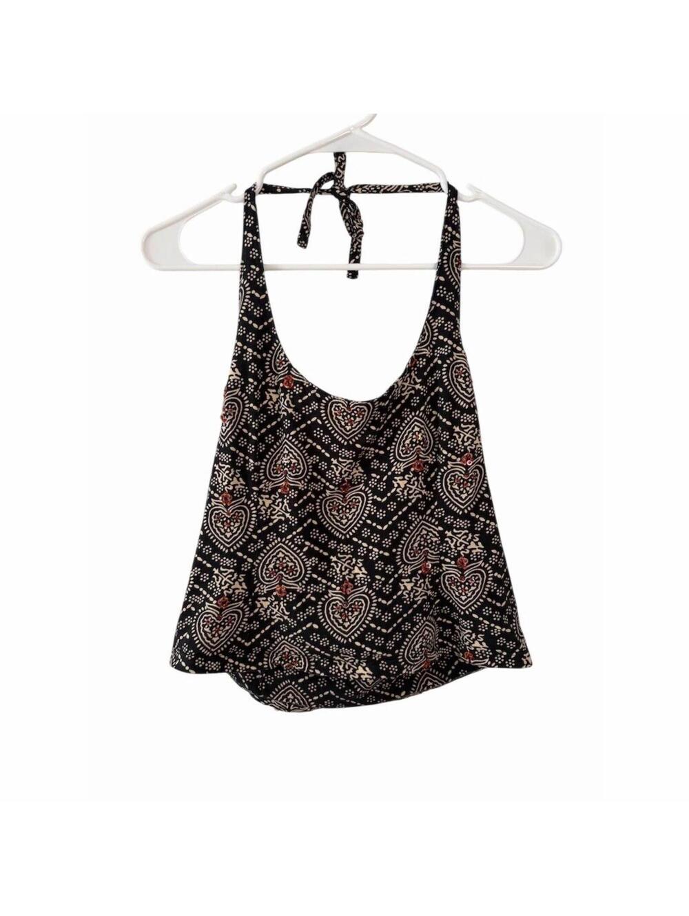 Free People Vintage Halter Top Womens Size S Black Cream Heart Sequin Boho